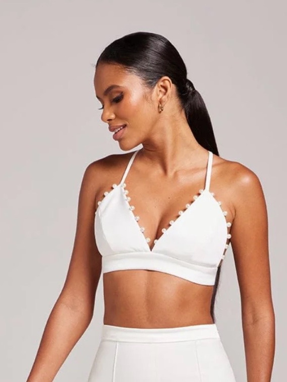 NADINE MERABI White Pearl-Trim Crop Top